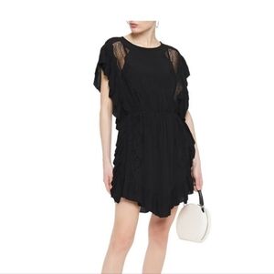 IRO Black zestful chantilly lace trimmed ruffled crepe mini dress